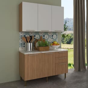 Cozinha Compacta Com Armário E Balcão Com Tampo 120cm Multimóveis Cr20447 Freijó/branco/mármore Branco