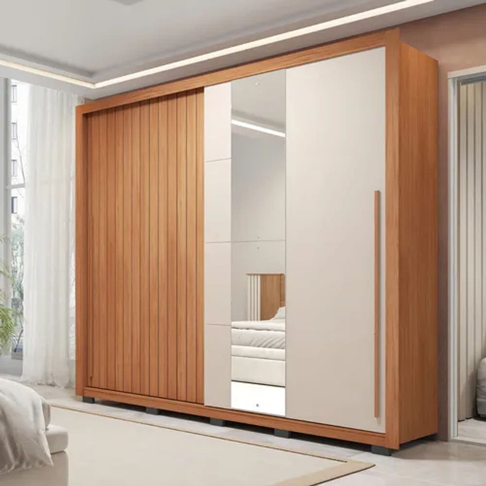Guarda-roupa Casal Ripado Com Espelhos 2 Portas E 4 Gavetas - Cinamomo Off