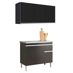 Balcão De Pia Tatiane 100cm E Armário Aéreo Andréia 3 Portas Preto Fosco - Ajl