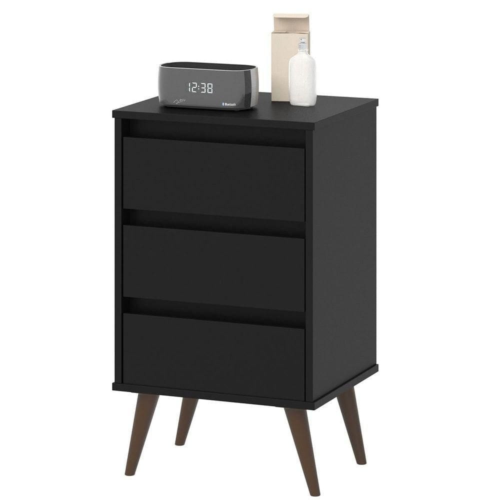 Mesa De Cabeceira 3 Gavetas Com Pés Palito Woon Preto