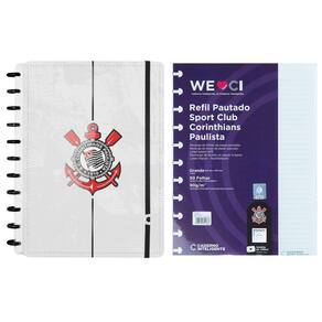 Caderno Inteligente Corinthians Fiel Timão Ci Branco Tamanho Grande e Refil Pautado Extra