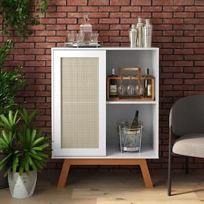 Balcao Buffet Aparador Bar Porta De Correr Rattan Pés Em Madeira Branco