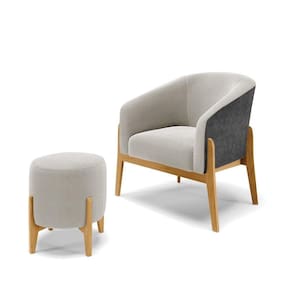 Poltrona E Puff Decorativo Base Madeira Stella Pu Preto/bouclê Cinza D03 - D`rossi