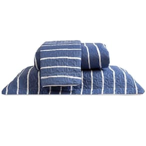 Cobre Leito Queen Bouti Basic Estampado 180 Fios 3 Peças - Listra Azul Marinho