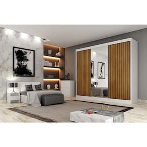Guarda Roupa Casal Ripado Com Espelho 3 Portas 4 Gavetas - Canastra-branco - Móveis Horizonte