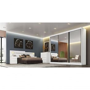 Guarda Roupa Casal Com Espelho 3 Portas De Correr 4 Gavetas - Londres-branco - Móveis Horizonte