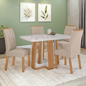 Conjunto Sala de Jantar Mesa Easy Pop 120x80cm Tampo MDF 40mm com 4 Cadeiras Confort Veludo Naturale Creme Amêndoa/Off