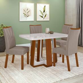 Conjunto Sala de Jantar Mesa Easy Pop 120x80cm Tampo MDF 40mm com 4 Cadeiras Confort Suede Animale Bege Frassino/Off White