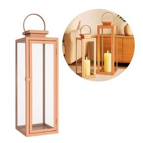 Lanterna Decorativa Inox Rosê Metálico e Vidro 46cm x 16cm - Empório Decor