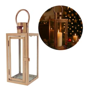 Lanterna Decorativa Aço Inox Rosê Metalizado com Vidro 25cm x 10cm