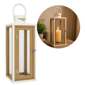 Lanterna Decorativa Metal Branco Prime e Madeira com Vidro 38cm x 13cm