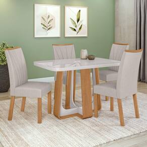 Conjunto Sala de Jantar Mesa Easy Pop 120x80cm Tampo MDF 40mm com 4 Cadeiras Confort Linho Mosaico Cinza Amêndoa/Off White