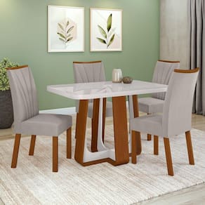 Conjunto Sala de Jantar Mesa Easy Pop 120x80cm Tampo MDF 40mm com 4 Cadeiras Confort Veludo Liso Capuccino Frassino/Off White
