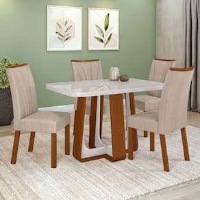 Conjunto Sala de Jantar Mesa Easy Pop 120x80cm Tampo MDF 40mm com 4 Cadeiras Confort Linho Rinzai Bege Frassino/Off White