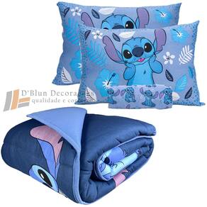 Kit Jogo De Cama + Edredom Casal Stitch Em Malha Infantil Disney 4 Peças Portallar