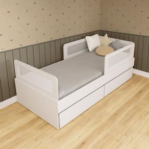 Cama Solteiro Mdf Branco com 02 Gavetas Grades e Cabeceira Telinha Anatômica Mobilistore