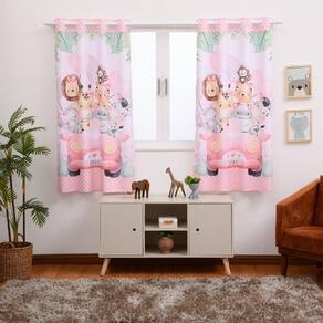Cortina Estampada Infantil 200X150 Quarto Safari Rosa