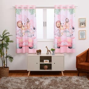 Cortina Estampada Infantil 200X150 Quarto Safari Rosa