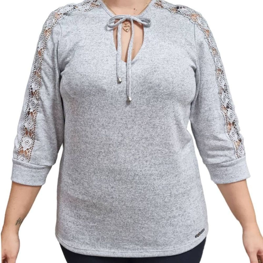 Blusa Feminina Cinza ML Rendas Raio de Luz