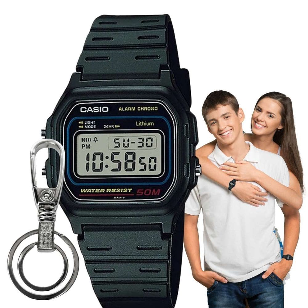 Relógio de Pulso Casio Unissex Feminino Masculino Esportivo Cronômetro Calendário Alarme Digital Vintage Preto W-59-1VQ + Chaveiro