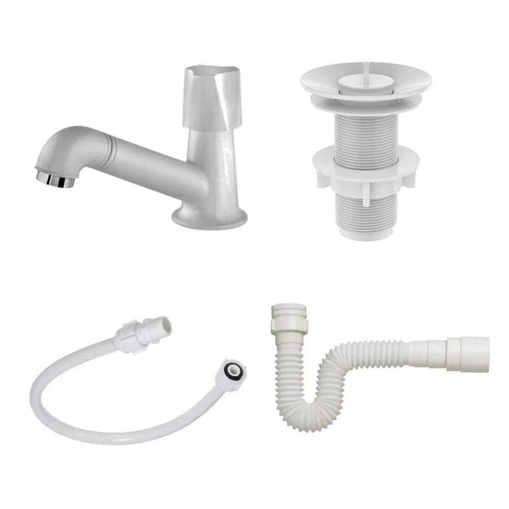 Kit Torneira Branca Mesa + Sifão + Válvula 7/8 + Engate 40Cm