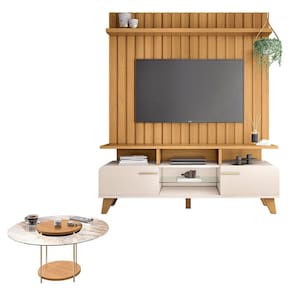 Rack Bancada Essenza e Painel Link 1.6 com Mesa de Centro Sky com Tampo de Vidro Off White Cinamomo - HB Móveis