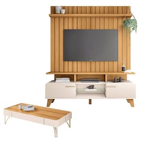 Rack Bancada Essenza e Painel Link 1.6 com Mesa de Centro Cazenza Off White Cinamomo - HB Móveis