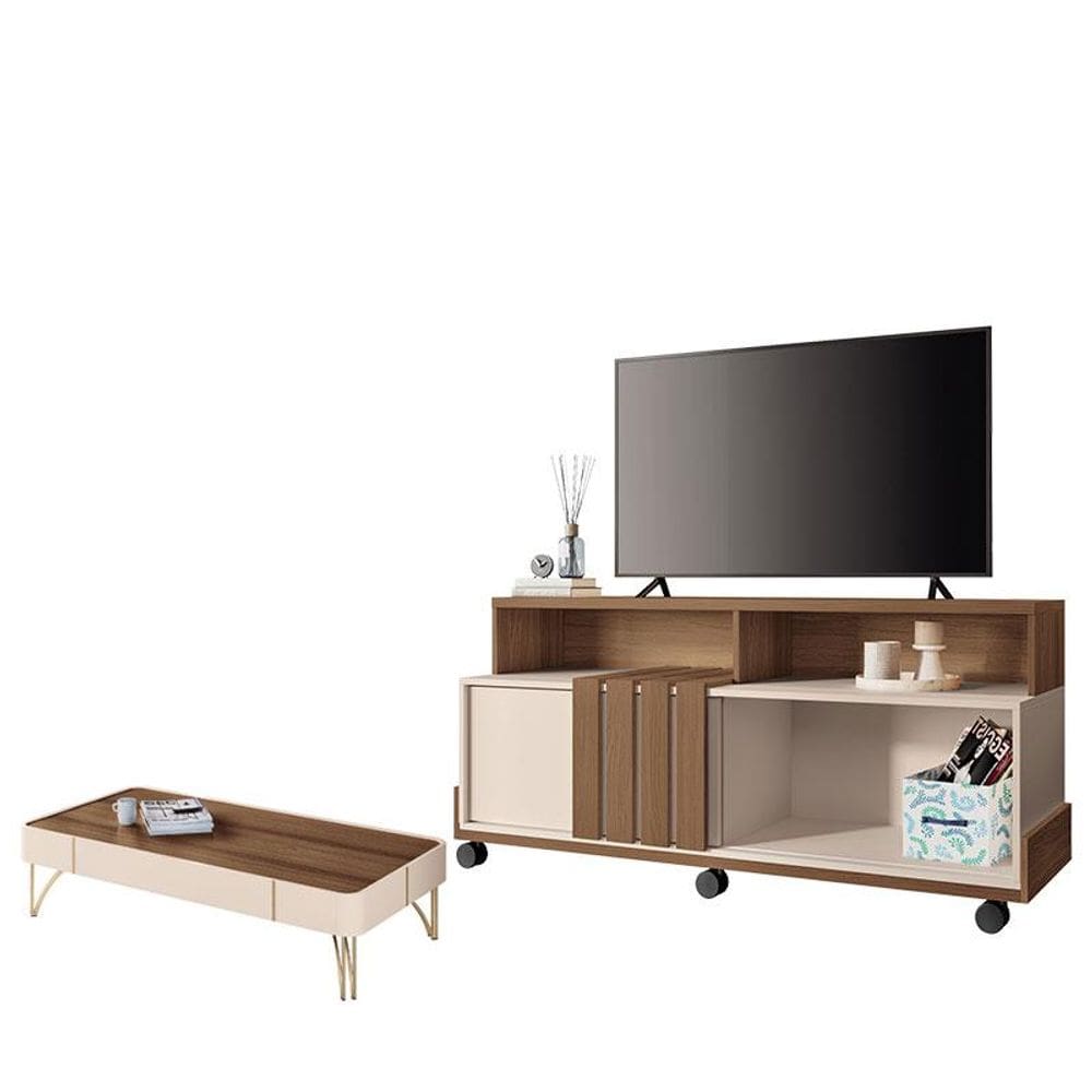 Rack Bancada Graci 1.3 com Mesa de Centro Cadenza Castanho Off White - HB Móveis