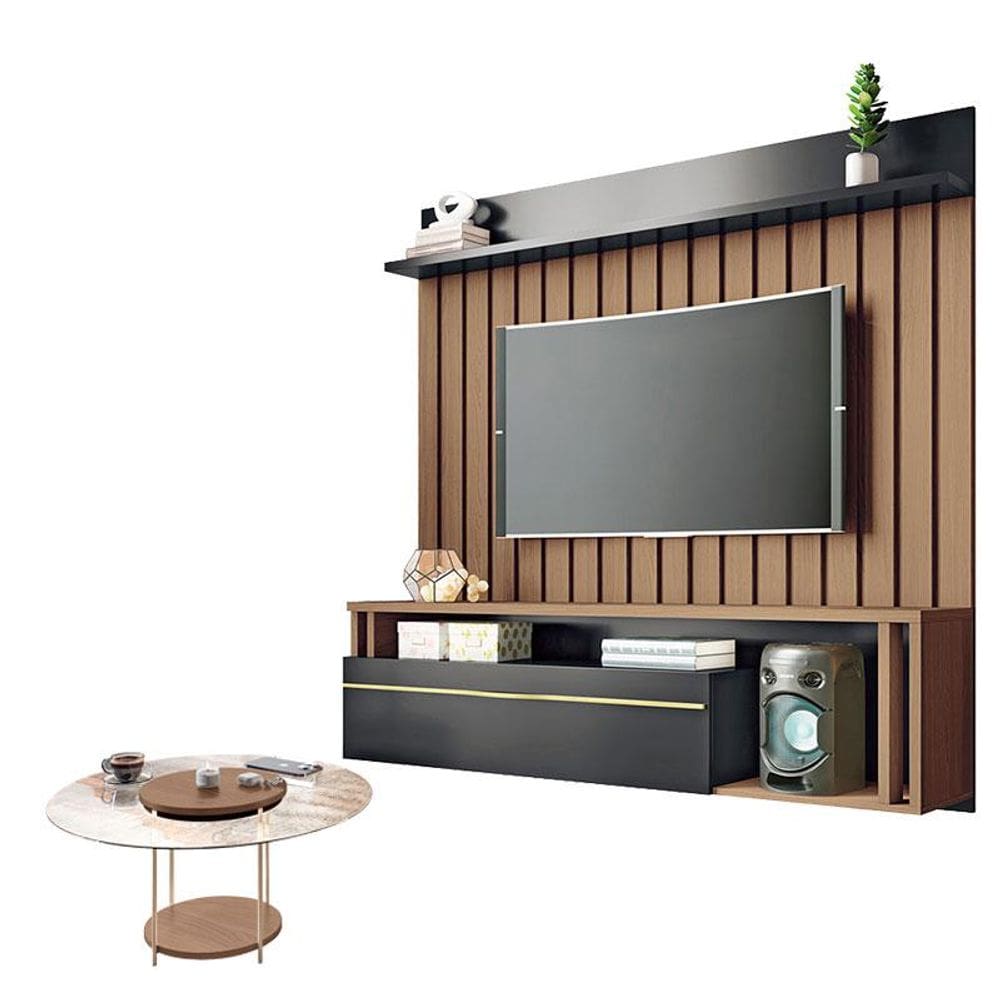Home Suspenso Self Castanho Preto com Mesa de Centro Sky com tampo de Vidro Castanho- HB Móveis