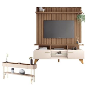 Rack Bancada Essenza e Painel Link 1.6 com Aparador Vivant Off White Castanho - HB Móveis