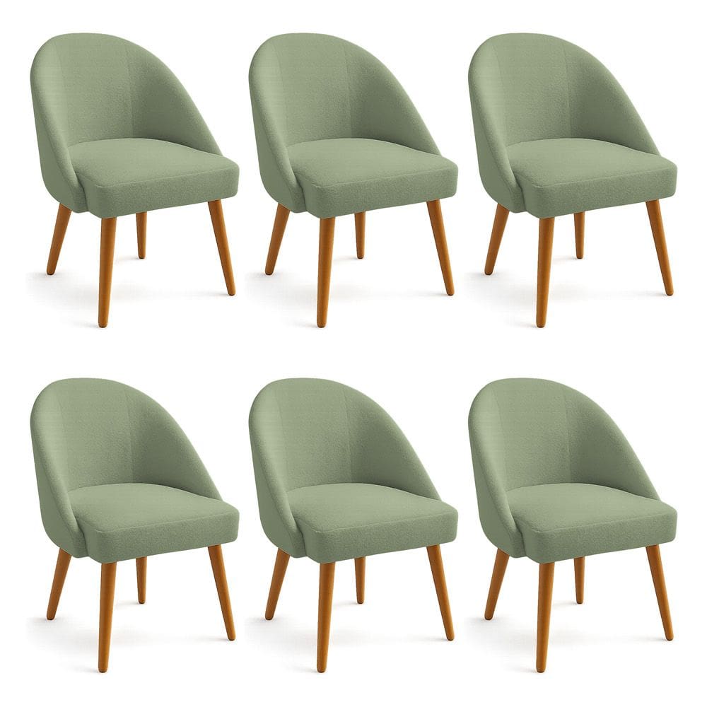 Kit 06 Cadeiras Poltrona de Jantar Estofada Luna Boucle Verde Pistache Pés Palito Castanho - Pallazio