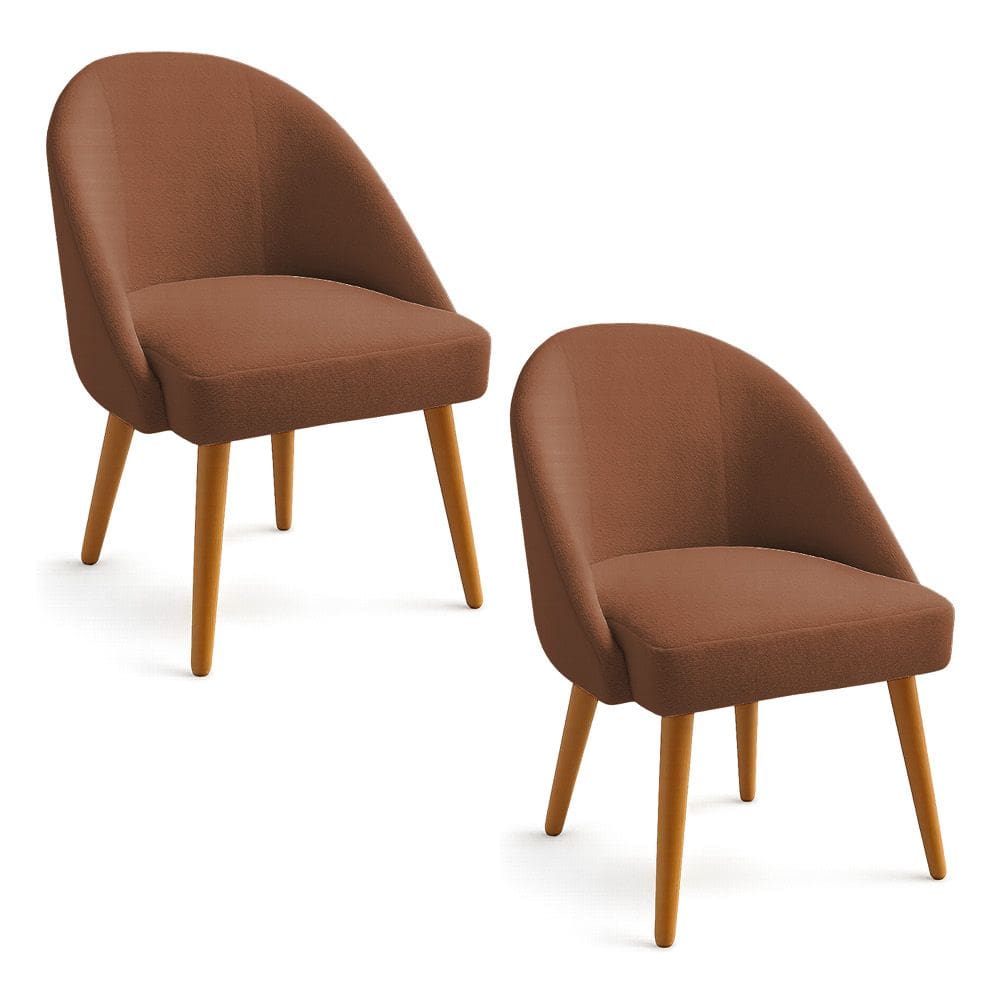 Kit 02 Cadeiras Poltrona de Jantar Estofada Luna Boucle Terracota Pés Palito Castanho - Pallazio