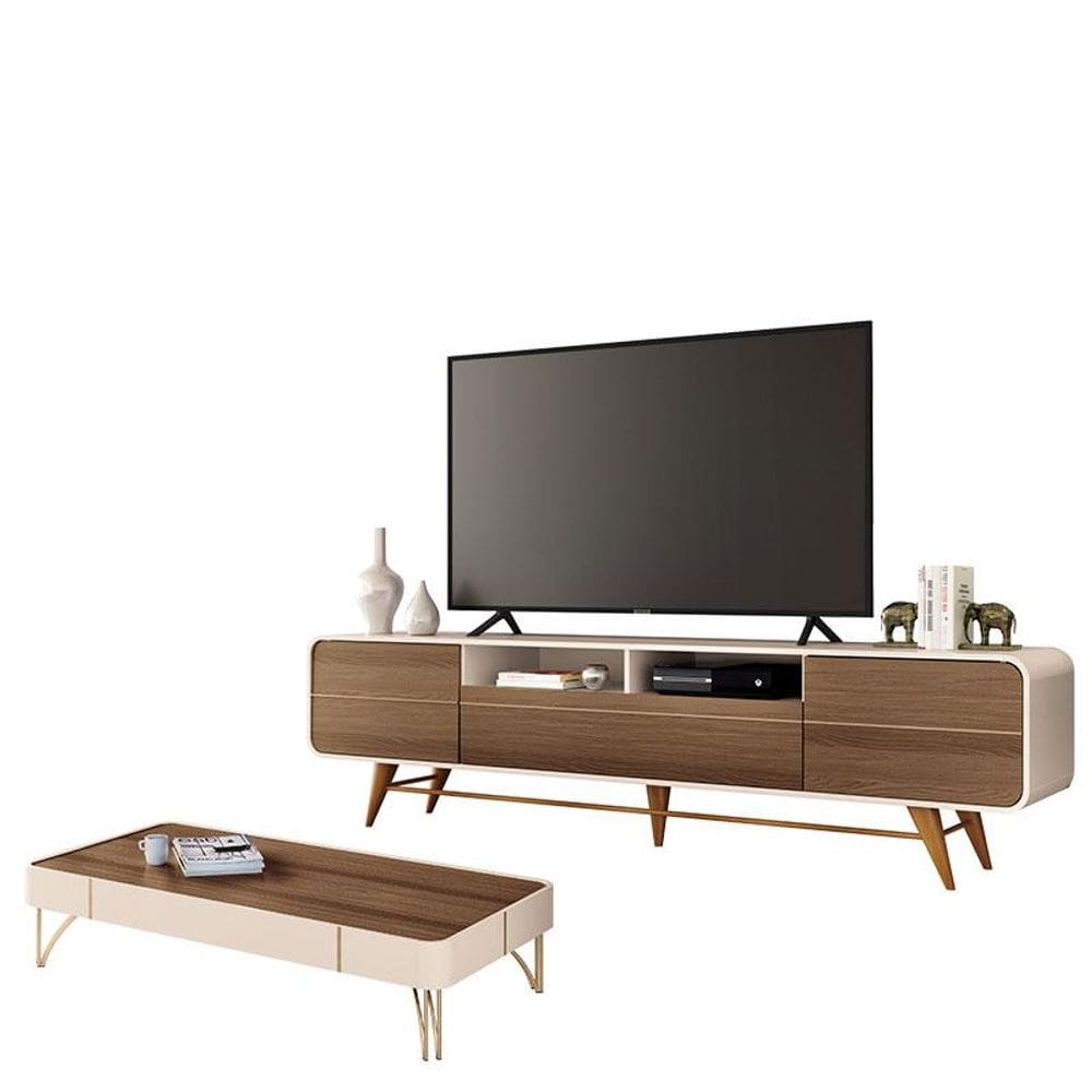 Rack Bancada Época com Mesa de Centro Cadenza Castanho Off White - HB Móveis