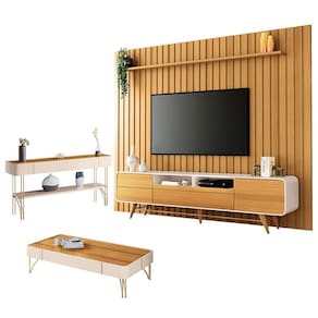 Rack Bancada Época com Painel Ripado You 2.7 com Mesa de Centro Cadenza e Aparador Vivant Cinamomo Off White - HB Móveis