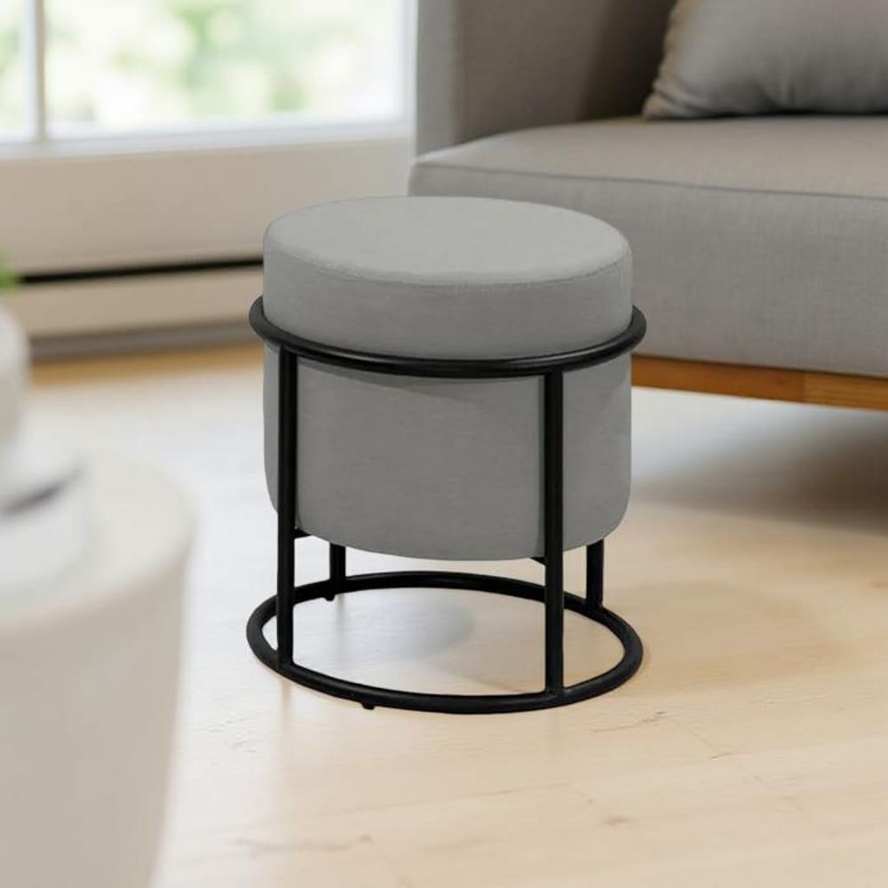 Puff Banqueta Decorativo Redondo Base de Ferro Moscow Linho Cinza Claro