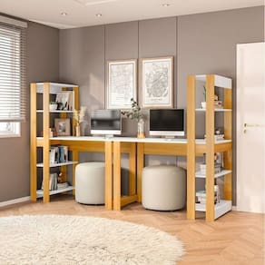 Conjunto com 2 Mesas Escrivaninhas com Estante e 4 Prateleiras Licce Branco/Freijó
