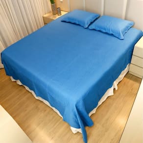 Colcha Cobre Leito Queen Poliester Matelado Liso 3pcs Azul