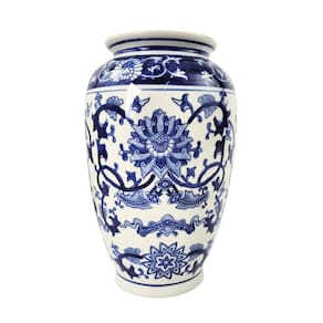 Vaso Porcelana Azul Branco Floral Clássico 30Cm Decoração