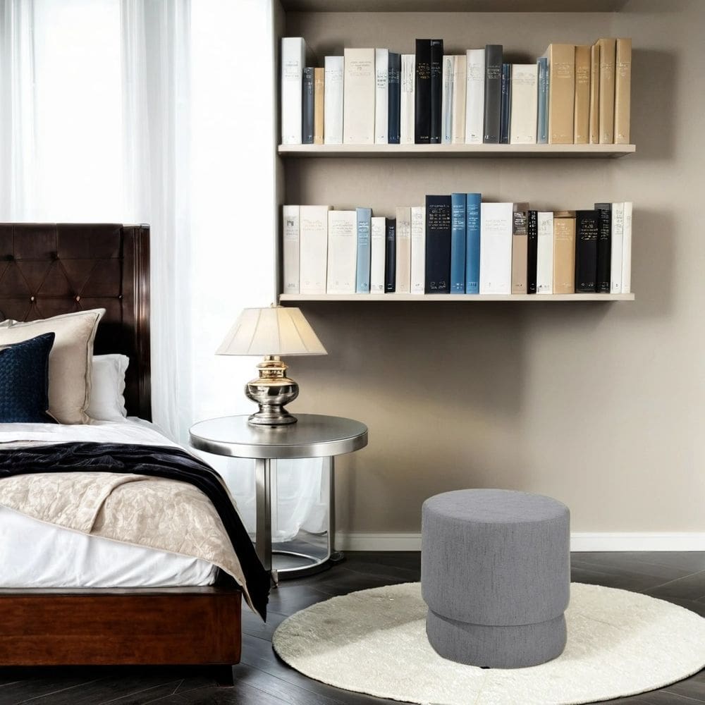 Puff Decorativo Redondo para Sala Alaska Linho Cinza Escuro