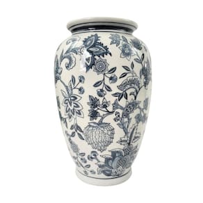 Vaso Decorativo Porcelana Azul E Branco Floral Clássico 30Cm