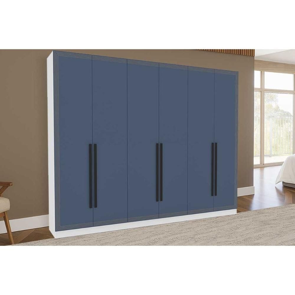 Guarda Roupa Casal 6 Portas e 4 Gavetas Valência Branco/Azul - Politorno