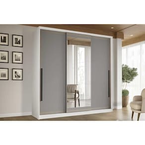 Guarda Roupa Casal 3 Portas de Correr (1 c/ espelho) e 4 Gavetas Valência Branco/Cinza - Politorno