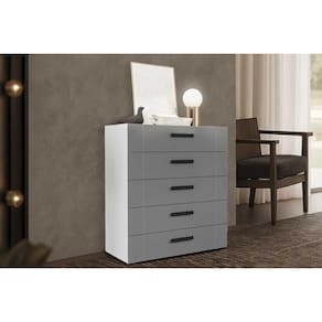 Cômoda de Quarto Lisboa c/ 5 Gavetas Branco/Cinza - Politorno