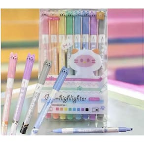 Kit 8 Peças Caneta Gatinho Ponta Dupla, Marca Texto E Ponta