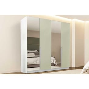 Guarda Roupa Casal 4 Portas (2 c/ Espelho) e 4 Gavetas Porto Branco/Verde - Politorno