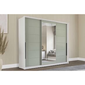 Guarda Roupa Casal 3 Portas de Correr (1 c/ espelho) e 4 Gavetas Lisboa Branco/Verde - Politorno