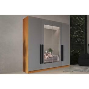 Guarda Roupa Casal 4 Portas (2 c/ Espelho) e 4 Gavetas Valência Freijo/Cinza - Politorno