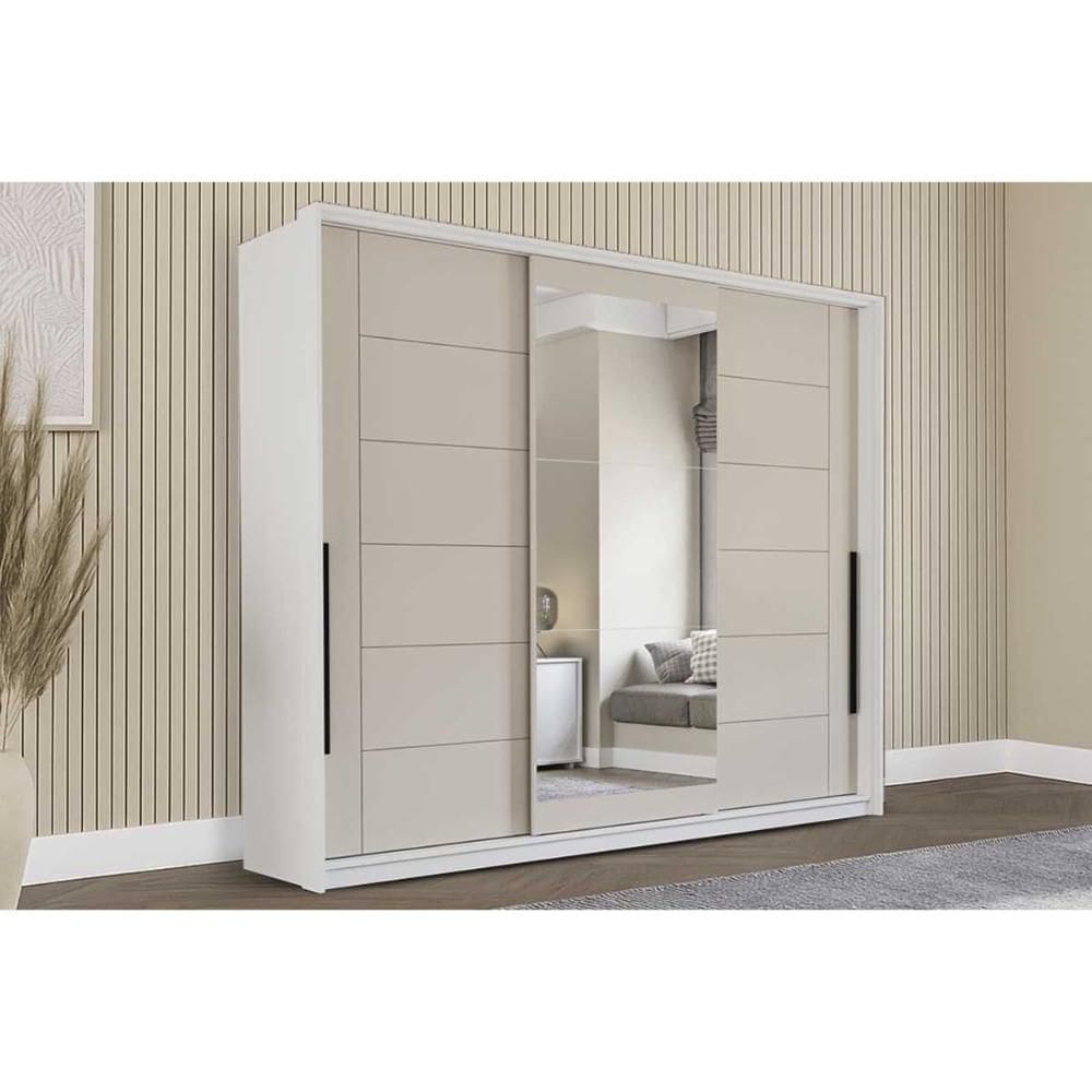Guarda Roupa Casal 3 Portas de Correr (1 c/ espelho) e 4 Gavetas Lisboa Branco/Creme - Politorno