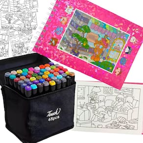 Livro De Pintar Colorir Ursinho Fofo 100 Paginas Canetinhas 48 Cores Ponta Dupla Marcador Permanente
