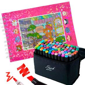 Livro de Pintar Colorir 100 Paginas Canetinhas 24 Cores Permanente Ponta Dupla Estojo Portatil